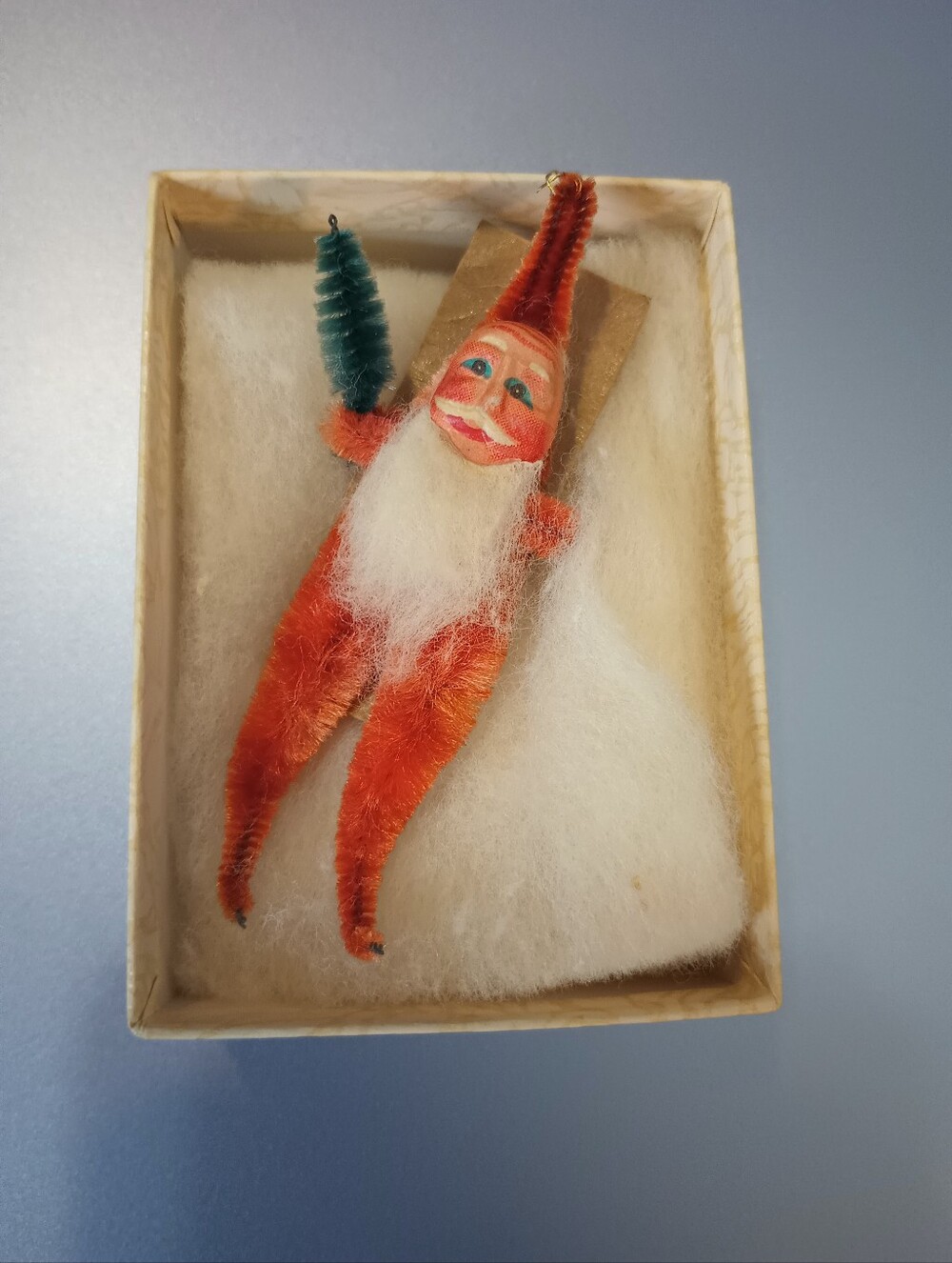 Vintage Chenille Santa Decoration/Ornament. Celluloid/Paper Mache Face